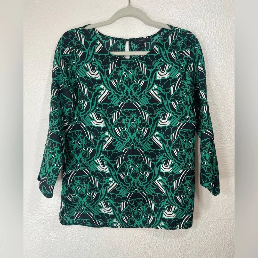 J. Crew Green Black Retro Floral Popover Blouse Top Women’s 2 Summer Business